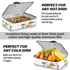 Yellow Construction Excavators, Tractors, Bulldozers, Trucks Reusable Insulated Pizza Bag, Waterproof Food Delivery Bag, with Handle Lid Leakproof Pizza Holder Tote for Hot or Cold Food