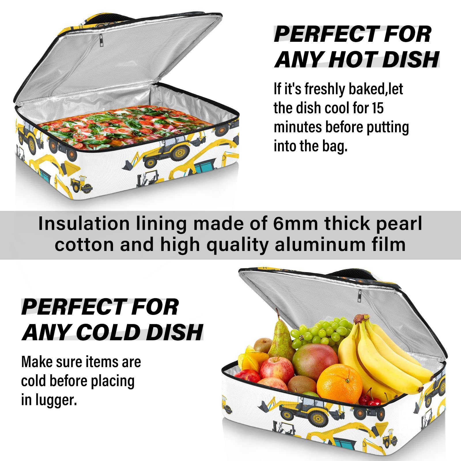 Yellow Machine Vehicles Truck Digger Crane Bagger Reusable Insulated Pizza Bag, Waterproof Food Delivery Bag, with Handle Lid Leakproof Pizza Holder Tote for Hot or Cold Food