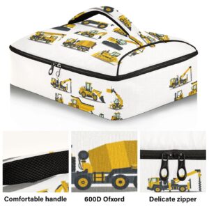 Yellow Construction Excavators, Tractors, Bulldozers, Trucks Reusable Insulated Pizza Bag, Waterproof Food Delivery Bag, with Handle Lid Leakproof Pizza Holder Tote for Hot or Cold Food