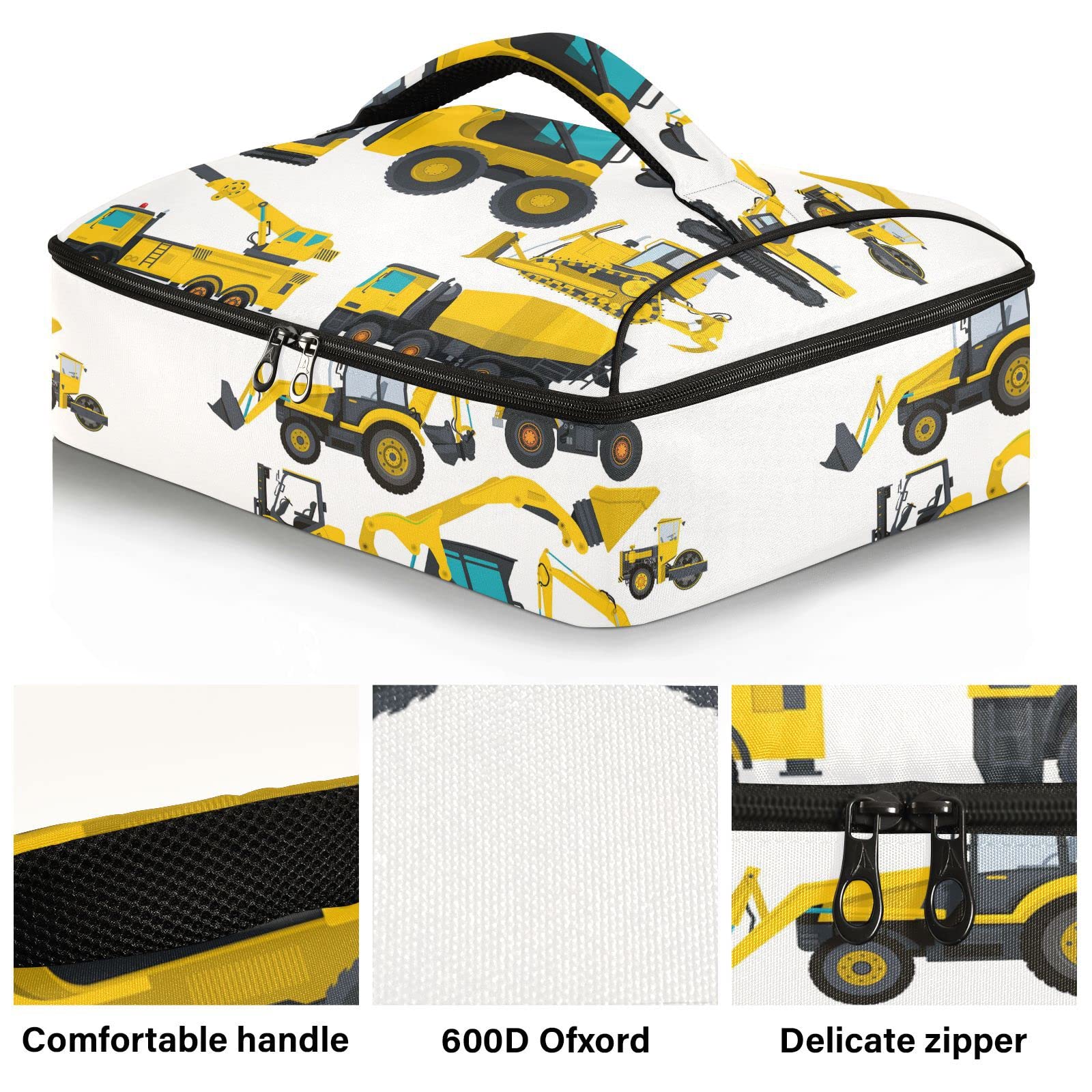 Yellow Machine Vehicles Truck Digger Crane Bagger Reusable Insulated Pizza Bag, Waterproof Food Delivery Bag, with Handle Lid Leakproof Pizza Holder Tote for Hot or Cold Food