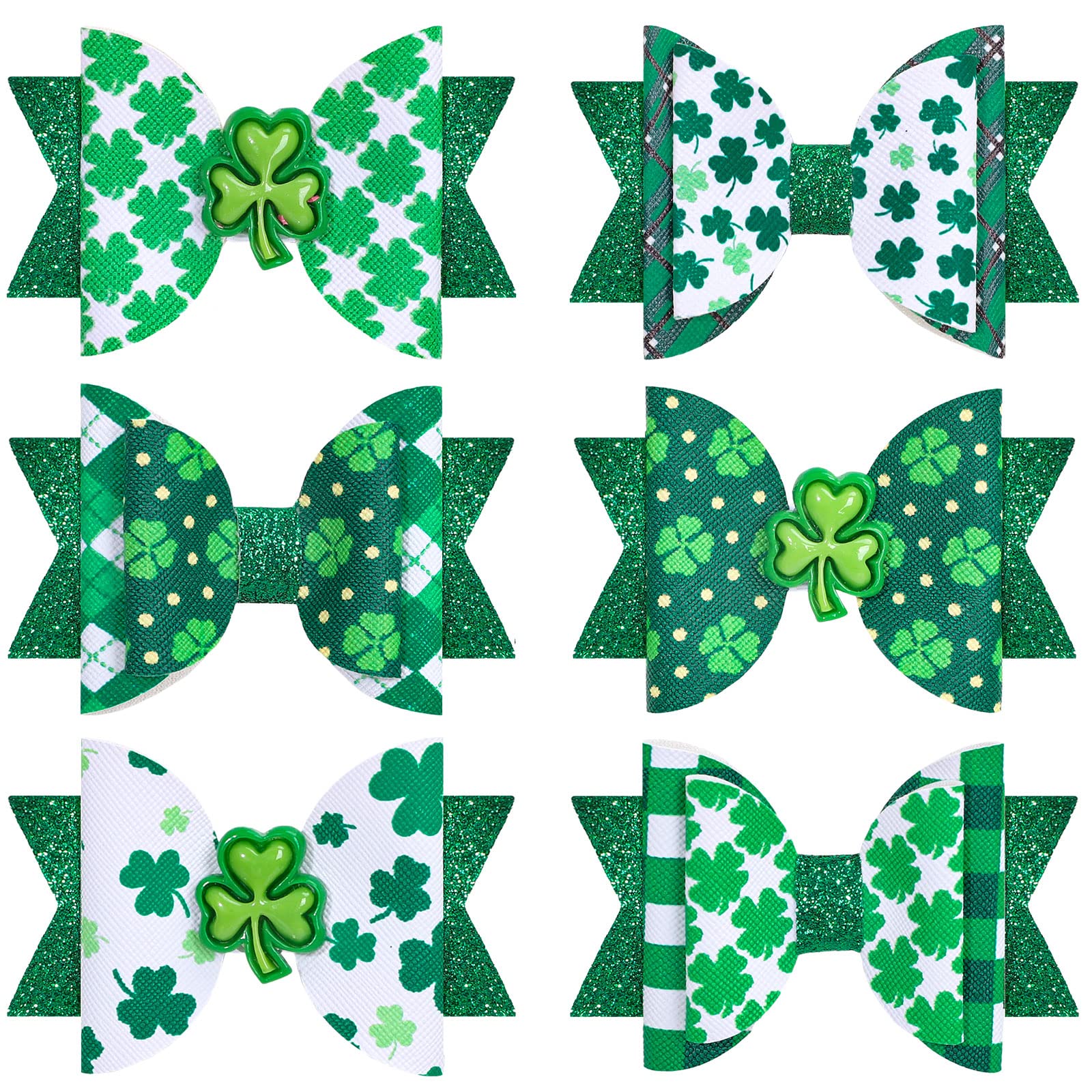 Whaline 6Pcs St. Patrick's Day Hair Bow Clips Glitter Shamrock Leather Bow Hair Pins Green Clover Bow Alligator Hair Barrettes for Toddlers Teens Girls Kids Irish Holiday Party Hair Accessories