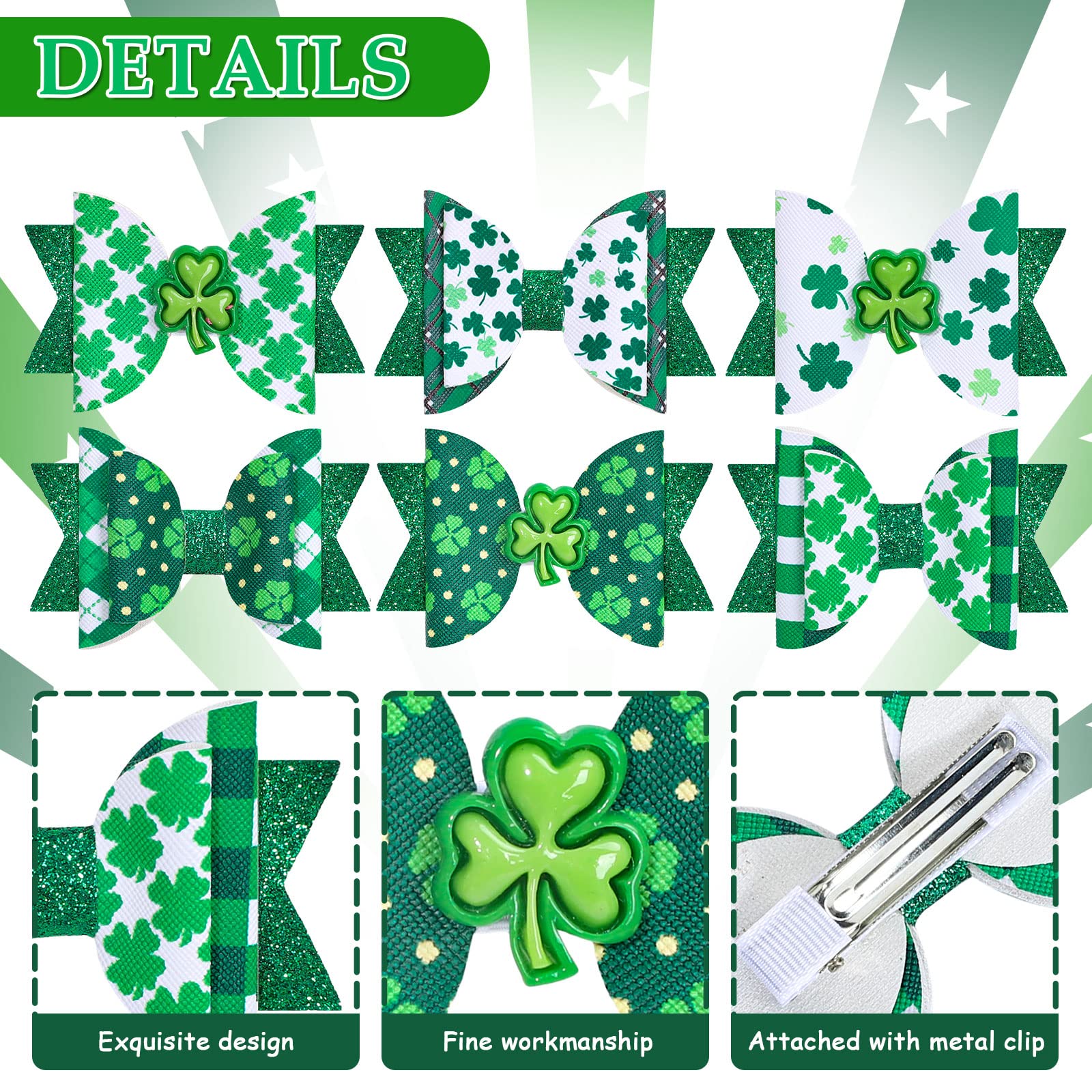 Whaline 6Pcs St. Patrick's Day Hair Bow Clips Glitter Shamrock Leather Bow Hair Pins Green Clover Bow Alligator Hair Barrettes for Toddlers Teens Girls Kids Irish Holiday Party Hair Accessories