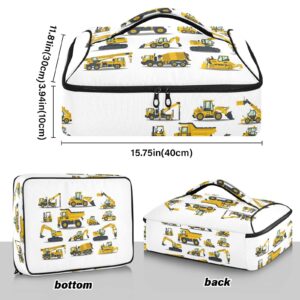 Yellow Construction Excavators, Tractors, Bulldozers, Trucks Reusable Insulated Pizza Bag, Waterproof Food Delivery Bag, with Handle Lid Leakproof Pizza Holder Tote for Hot or Cold Food