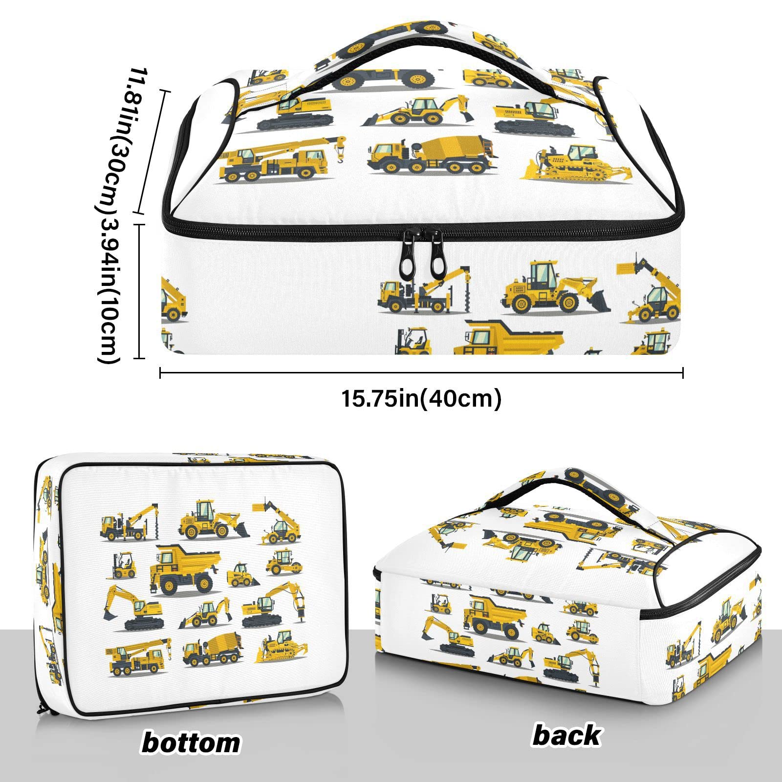 Yellow Construction Excavators, Tractors, Bulldozers, Trucks Reusable Insulated Pizza Bag, Waterproof Food Delivery Bag, with Handle Lid Leakproof Pizza Holder Tote for Hot or Cold Food