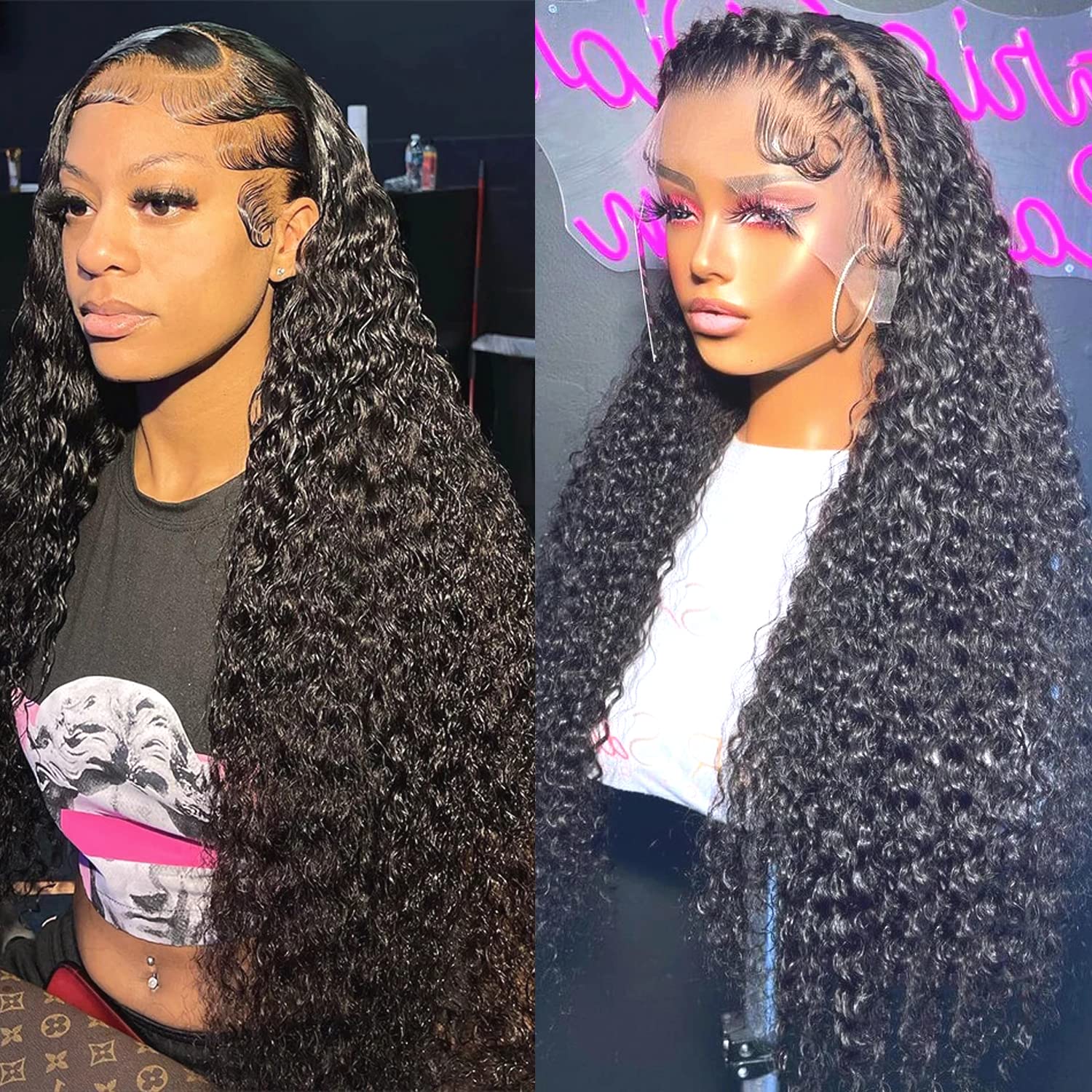 SYHGK 13x6 Deep Wave Lace Front Wigs Human Hair Wigs HD Transparent Deep Curly Lace Frontal Glueless Wigs Human Hair Lace Front Wigs Pre Plucked 150% Density Natural Black 24 Inch