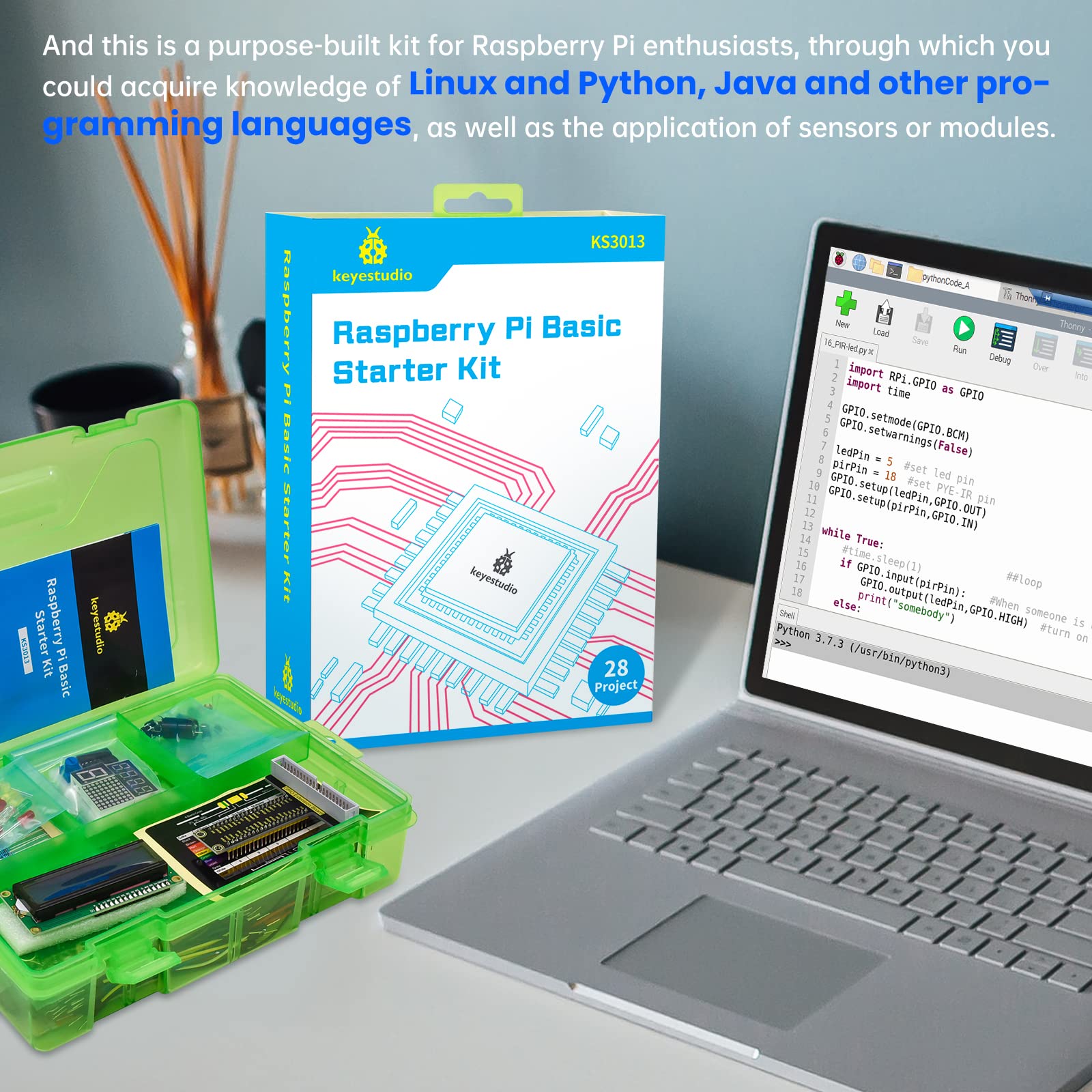 KEYESTUDIO Basic Starter Kit for Raspberry Pi 4 3 3B/2B/B+, with Tutorials C+ Python Java Code, Breadboard Solderless Electronic LCD Water Level Gas Sensor Programming