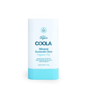 coola organic mineral sunscreen spf 50 sunblock stick, dermatologist tested skin care for daily protection, vegan and gluten free, 0.6 oz