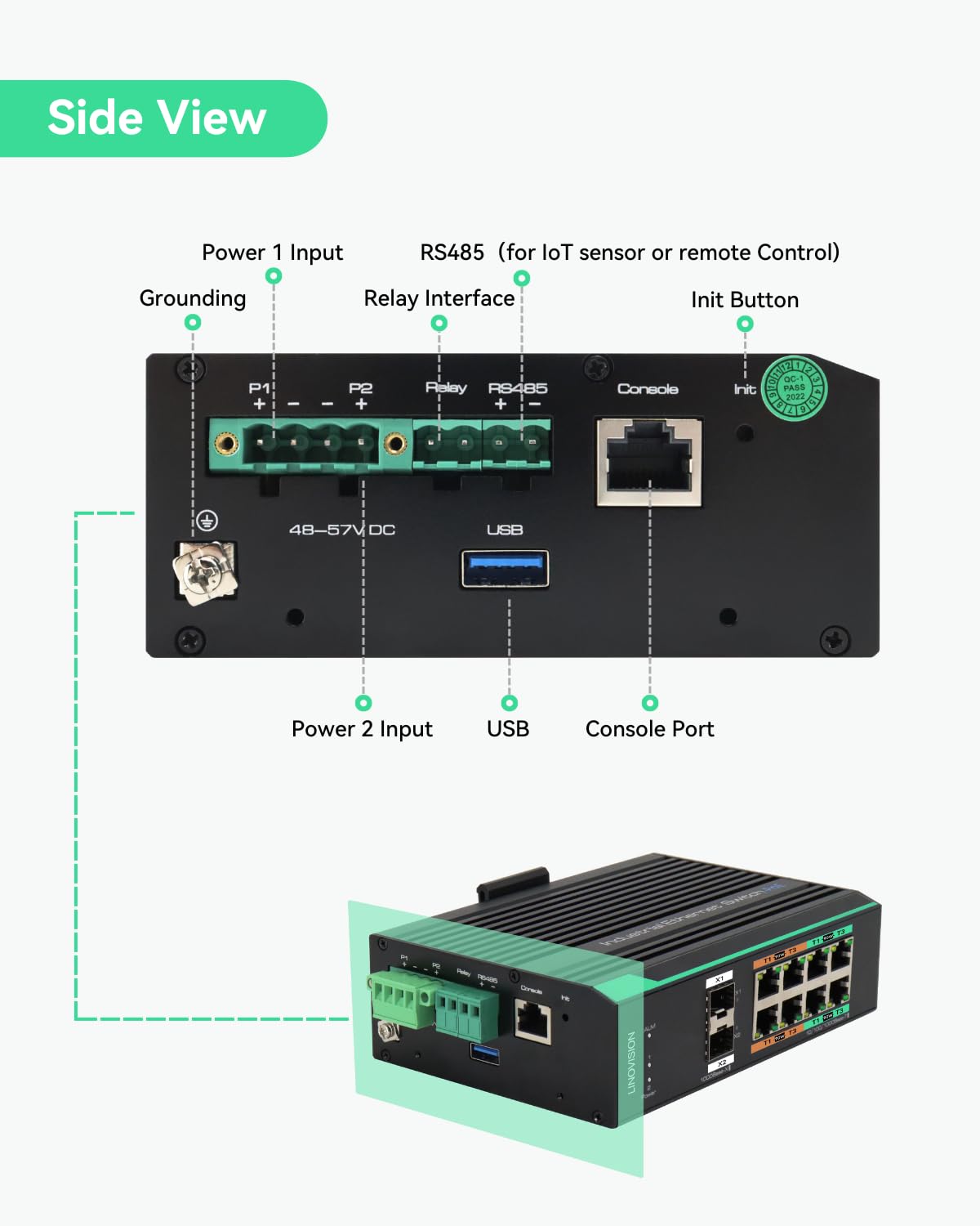 LINOVISION Industrial 8-Port Full Gigabit Managed POE Switch with 2 SFP Uplinks, L2 Management, RS485 Serial Port, 4 BT 90W PoE Ports, Total PoE Budget 360W, Q-PoE and P-PoE Without Interruption