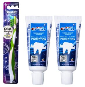 oral-b pro-health junior crossaction galaxy toothbrush, ages 6+, soft -1 count & crest kids advanced toothpaste enamel + cavity protection with fluoride for anticavity, travel size 0.85oz - pack of 2