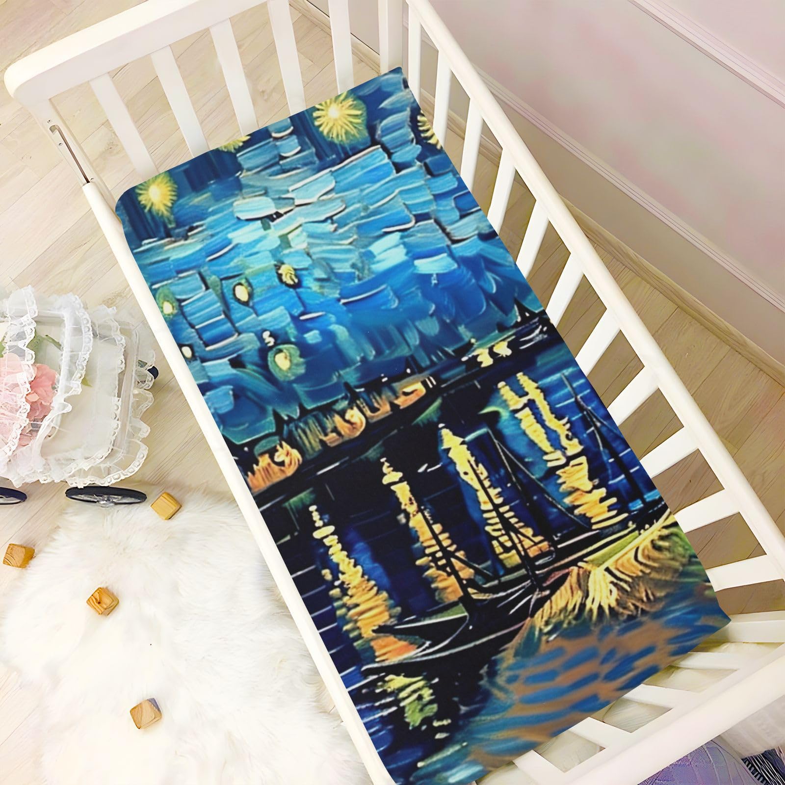 Kigai Van Gogh Starry Night over The Rhone2 Stretchy Fitted Crib Sheets Soft and Breathable Portable Crib Mattress Topper for Boys and Girls 27x39 in