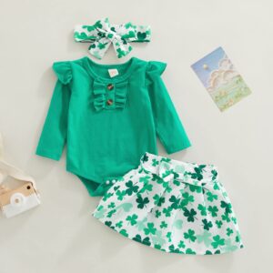 St Patrick's Day Baby Girl Clothes Short Sleeve Romper Tops and High Waisted Shorts Clover Sweatshirts Pullover Pants Toddler Baby Outfit (Skirt Green, 6-12 Months)