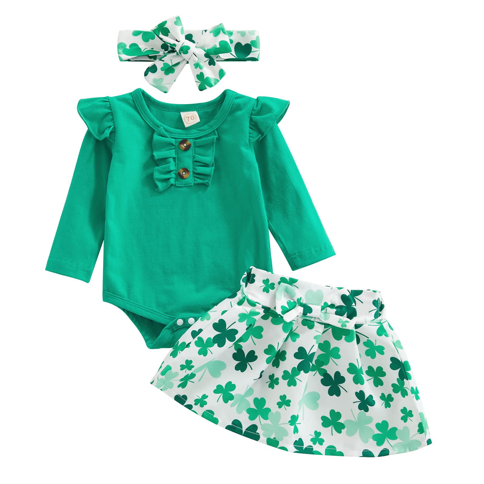 St Patrick's Day Baby Girl Clothes Short Sleeve Romper Tops and High Waisted Shorts Clover Sweatshirts Pullover Pants Toddler Baby Outfit (Skirt Green, 6-12 Months)