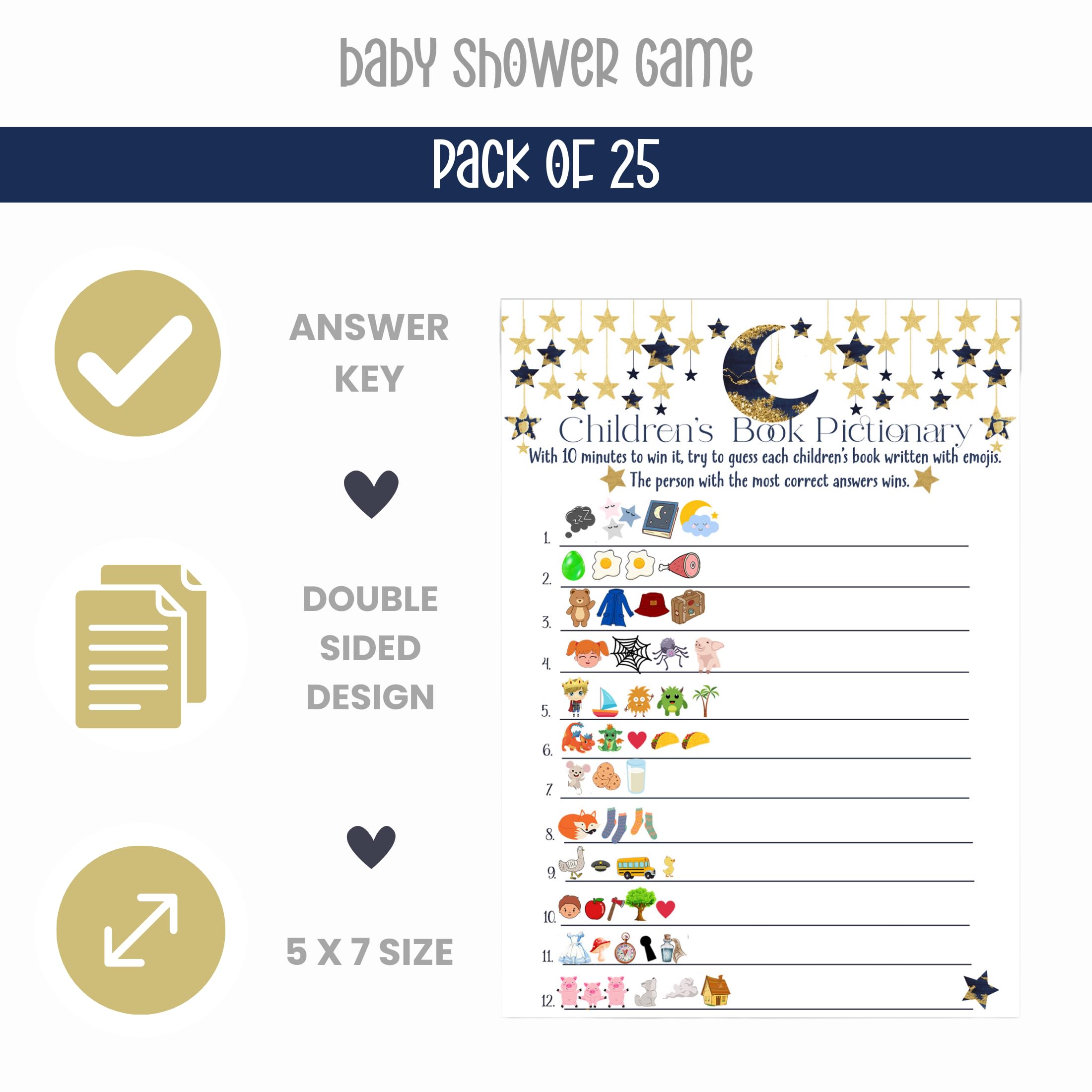 Twinkle Little Star Baby Shower Game Cards, 25 Guest Pack, Guess the Pictogram Childrens Storybook Activity Cards, Celestial Favors, Ideas, Planning, Fun Guessing Activities Play for Prizes