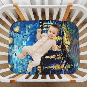 Kigai Van Gogh Starry Night over The Rhone2 Stretchy Fitted Crib Sheets Soft and Breathable Portable Crib Mattress Topper for Boys and Girls 27x39 in