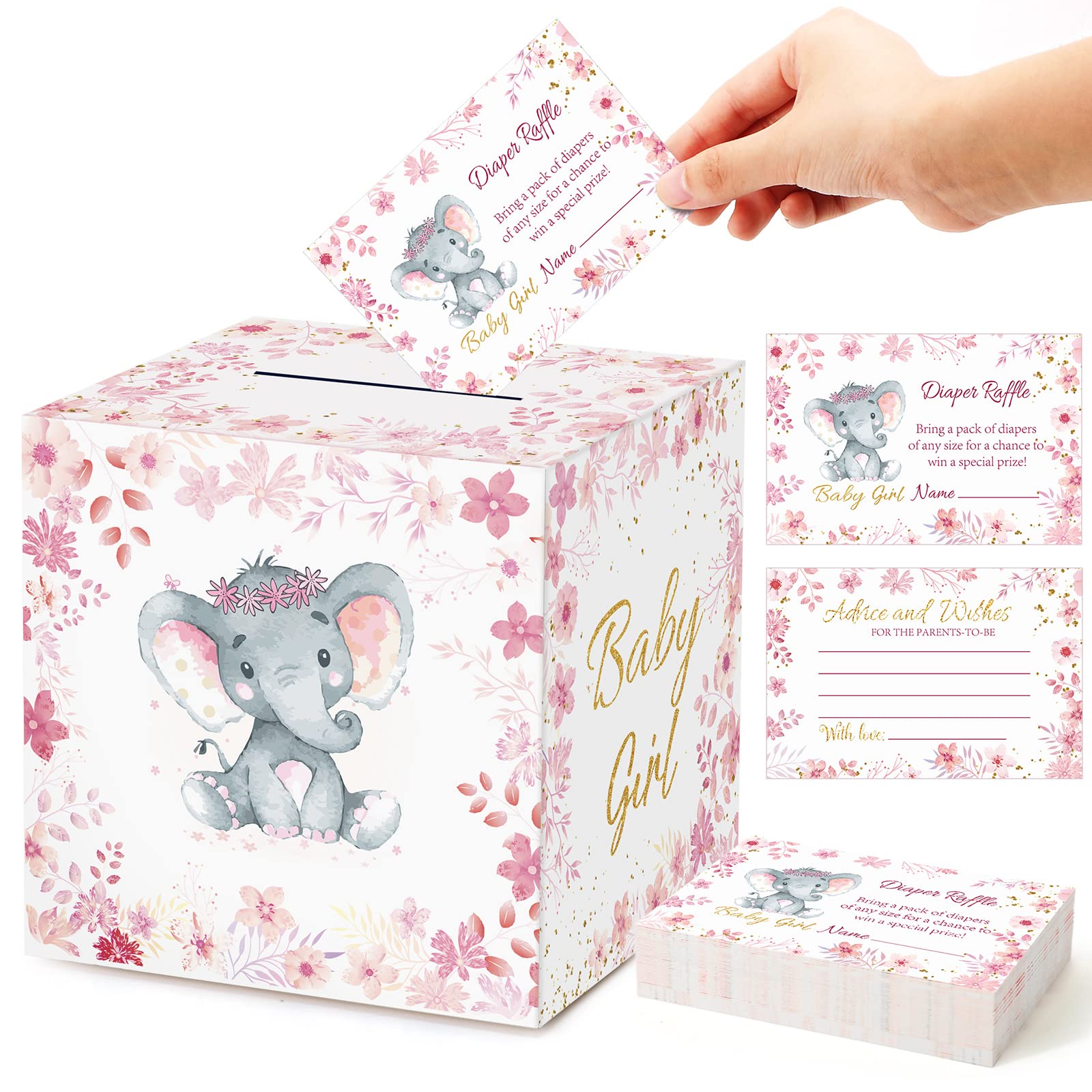 50 Pcs Elephant Diaper Raffle Tickets with Baby Shower Holder Box Baby Party Decorations Diaper Raffle Box Baby Shower Card Girl Elephant Game Insert Card for Baby Party Diaper Raffle Game