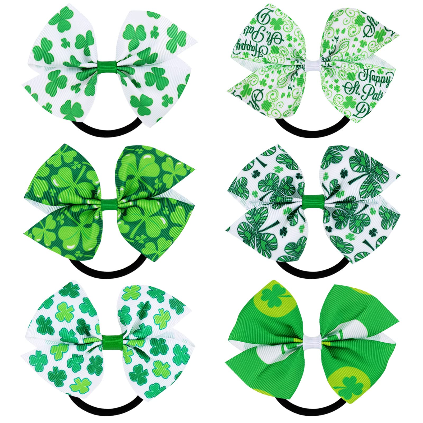 Whaline 12Pcs St. Patrick's Day Bow Hair Ponytail Holders Shamrock Clover Prints Bow Hair Scrunchies Green White Hair Ties Irish Holiday Elastic Hair Bands for Women Girls Teens Hair Accessories