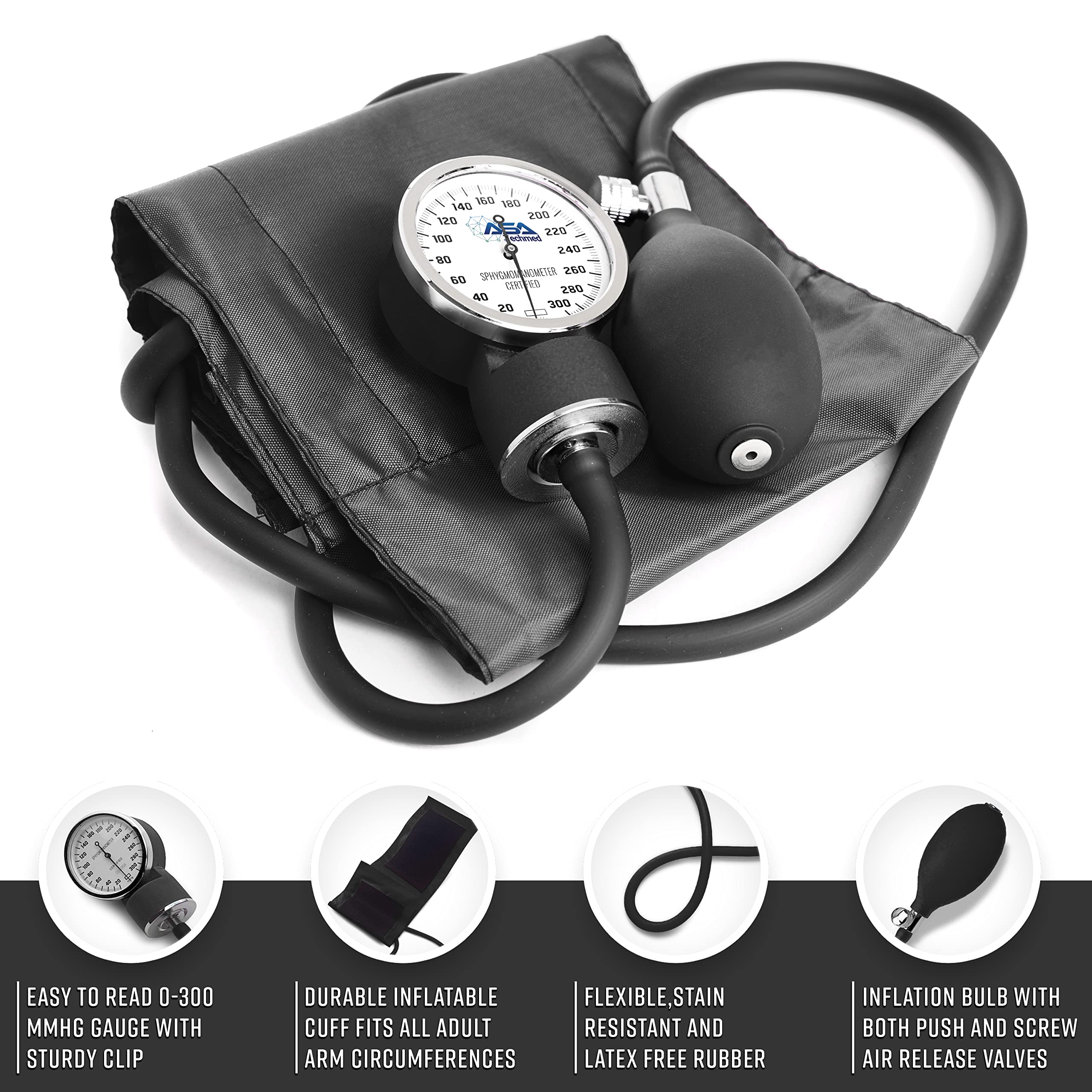 ASA TECHMED Dual Head Sprague Stethoscope and Sphygmomanometer Manual Blood Pressure Cuff Set with Case, Gift for Medical Students, Doctors, Nurses, EMT and Paramedics, Black