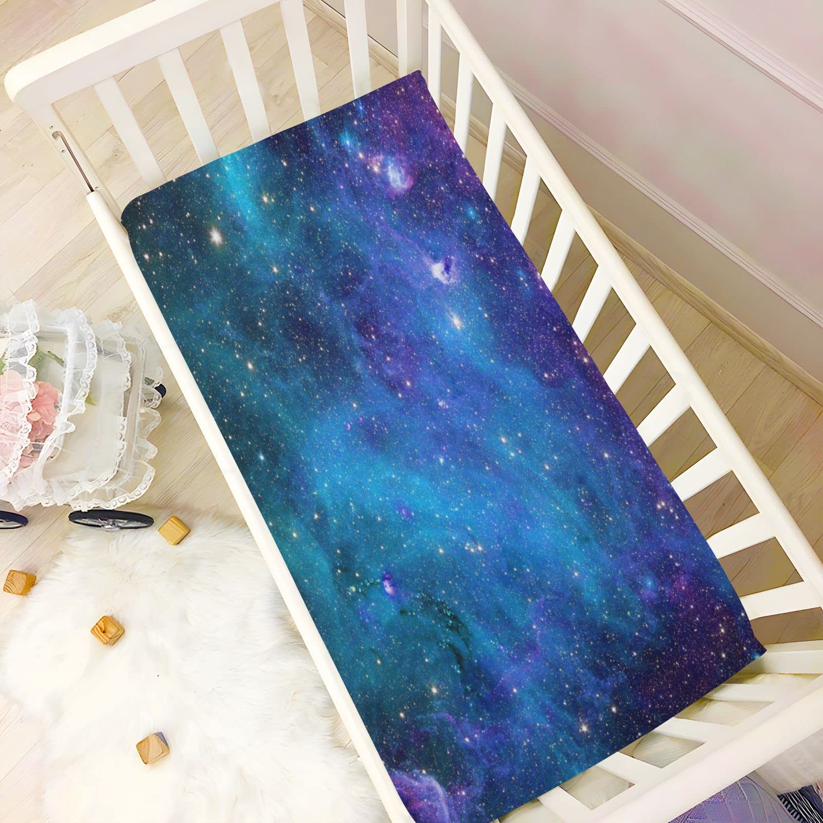 Kigai Galaxy Star Stretchy Fitted Crib Sheets Soft and Breathable Portable Crib Mattress Topper for Boys and Girls 28x52 in