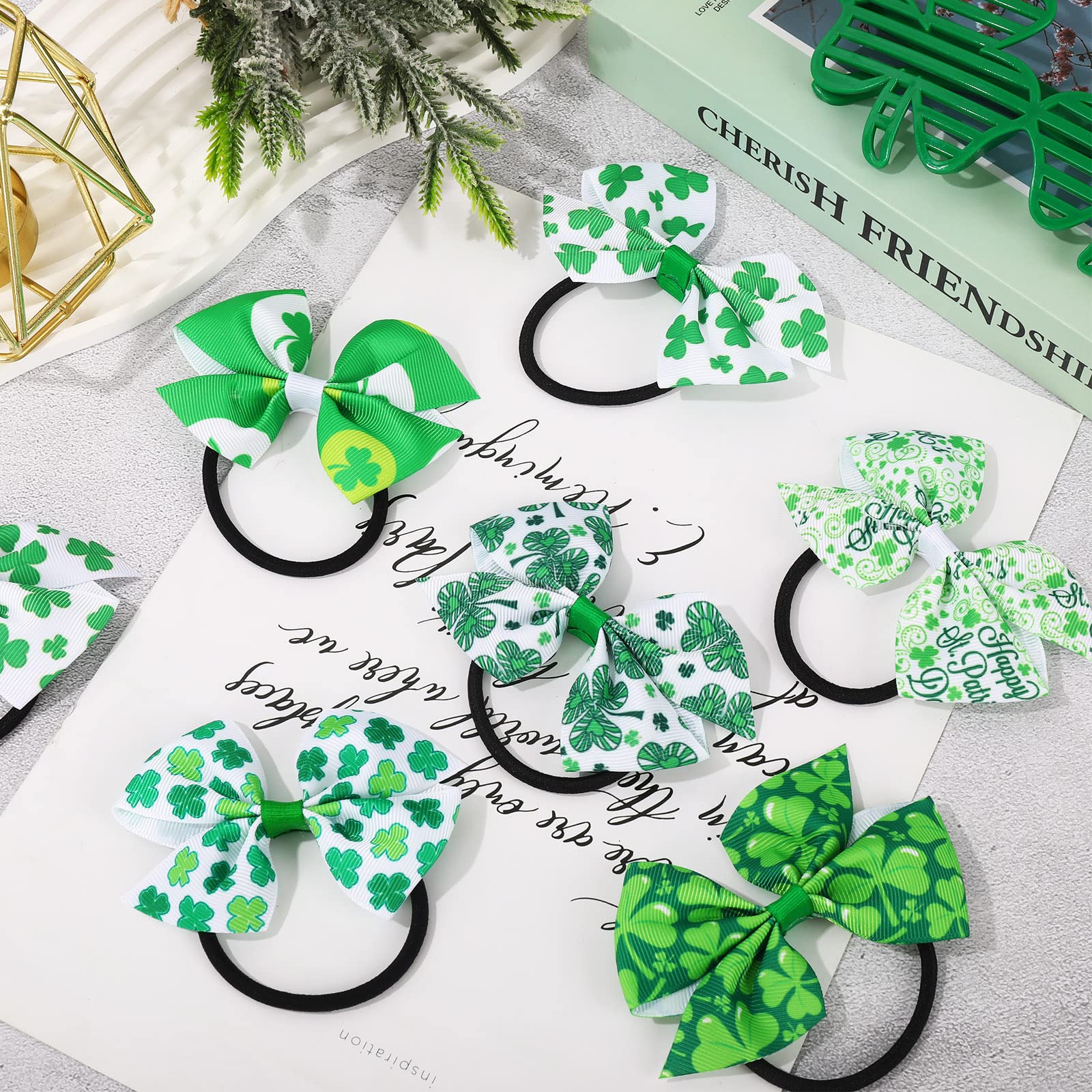 Whaline 12Pcs St. Patrick's Day Bow Hair Ponytail Holders Shamrock Clover Prints Bow Hair Scrunchies Green White Hair Ties Irish Holiday Elastic Hair Bands for Women Girls Teens Hair Accessories