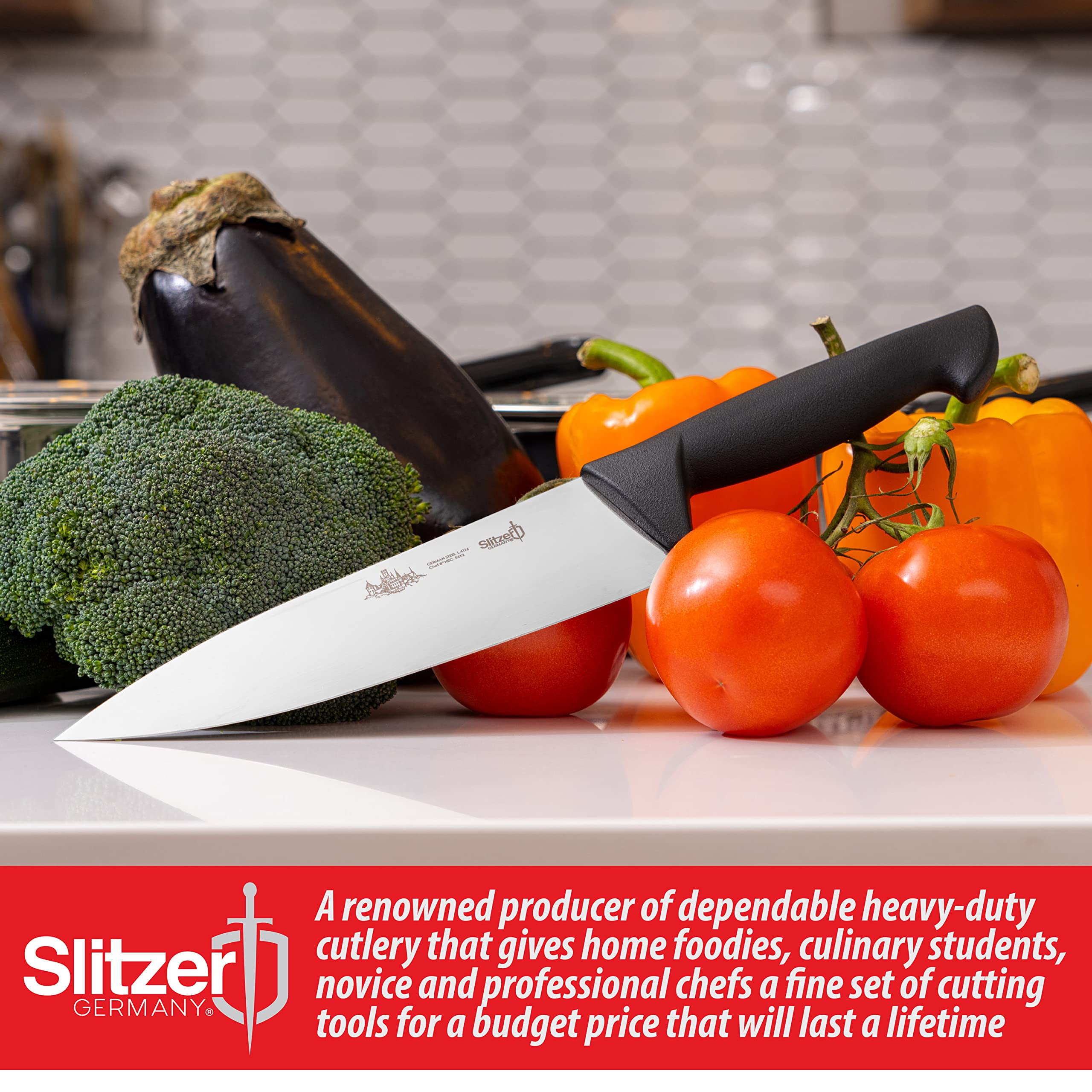 Slitzer Germany Chef Knife 8 inch, Multipurpose, Sharp Kitchen Knife, German Stainless Steel, Ergonomic Handle, Home or Professional Use.