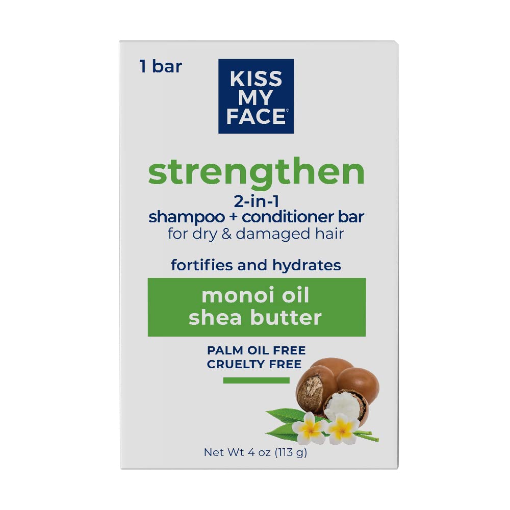 Kiss My Face Strengthen 2-in-1 Shampoo + Conditioner Bar - Palm Oil-Free, All Hair & Skin Types, Cruelty-Free Shampoo and Conditioner Bar for Dry & Damaged Hair with Monoi Oil and Shea Butter