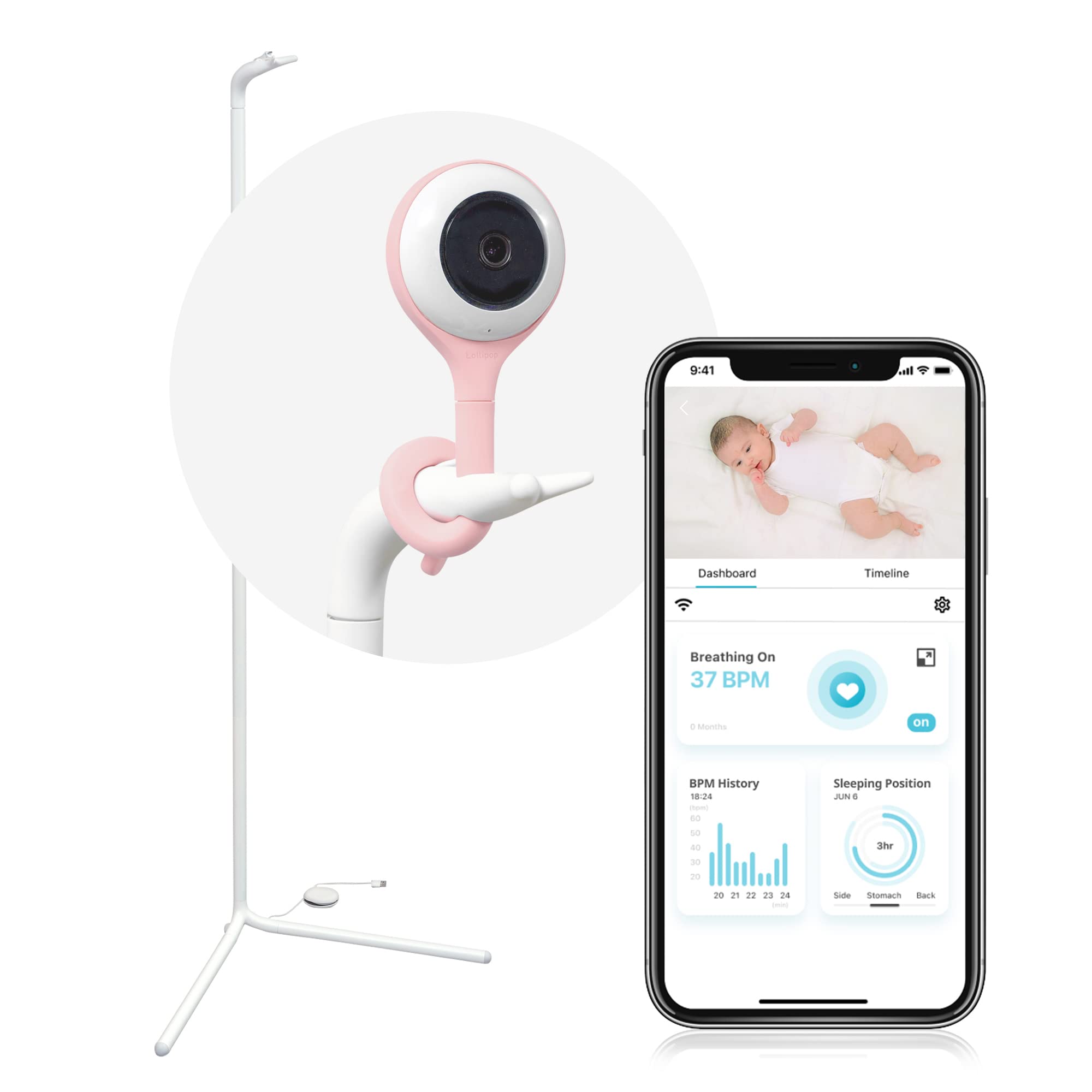 Lollipop Smart WiFi Baby Monitor (Cotton Candy) Bundle with Lollipop Floor Stand(White)-Camera with Breathing Detection and Sleep Tracking.Customized Floor Stand,Compatible with Lollipop Baby Monitor