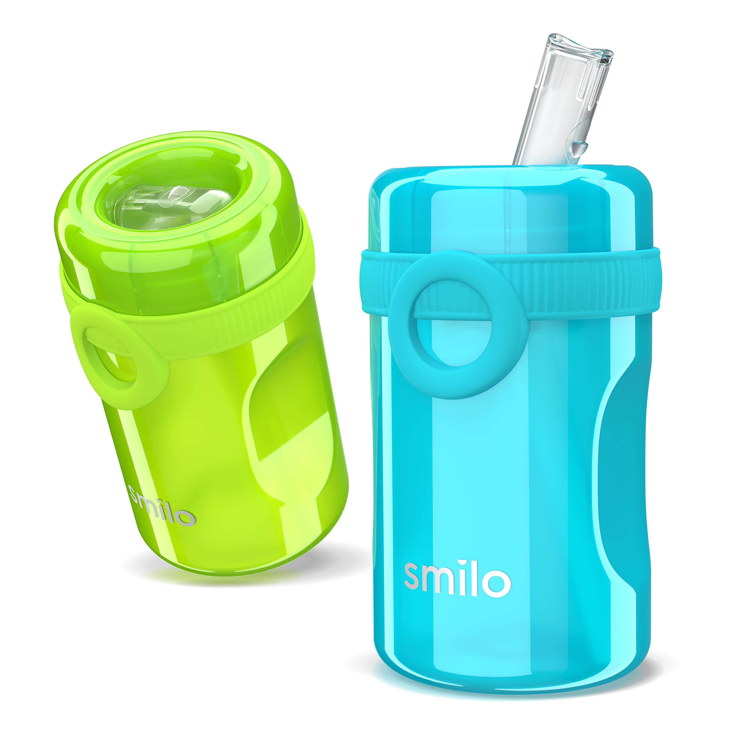 Smilo Sippy Cup 2 Pack for Toddlers (1+ years) with Spill Proof & Fold-Away Silicone Spout - 8.5 oz Capacity - BPA-Free Toddler Cups Made in the USA - Aqua & Green