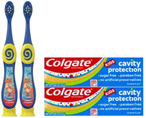 colgate dinosaur toothbrush for children with suction cup, kids 2-5 years old, extra soft - 2 coun & kids cavity protection fluoride toothpaste, bubble fruit flavor, 0.85oz - pack 2