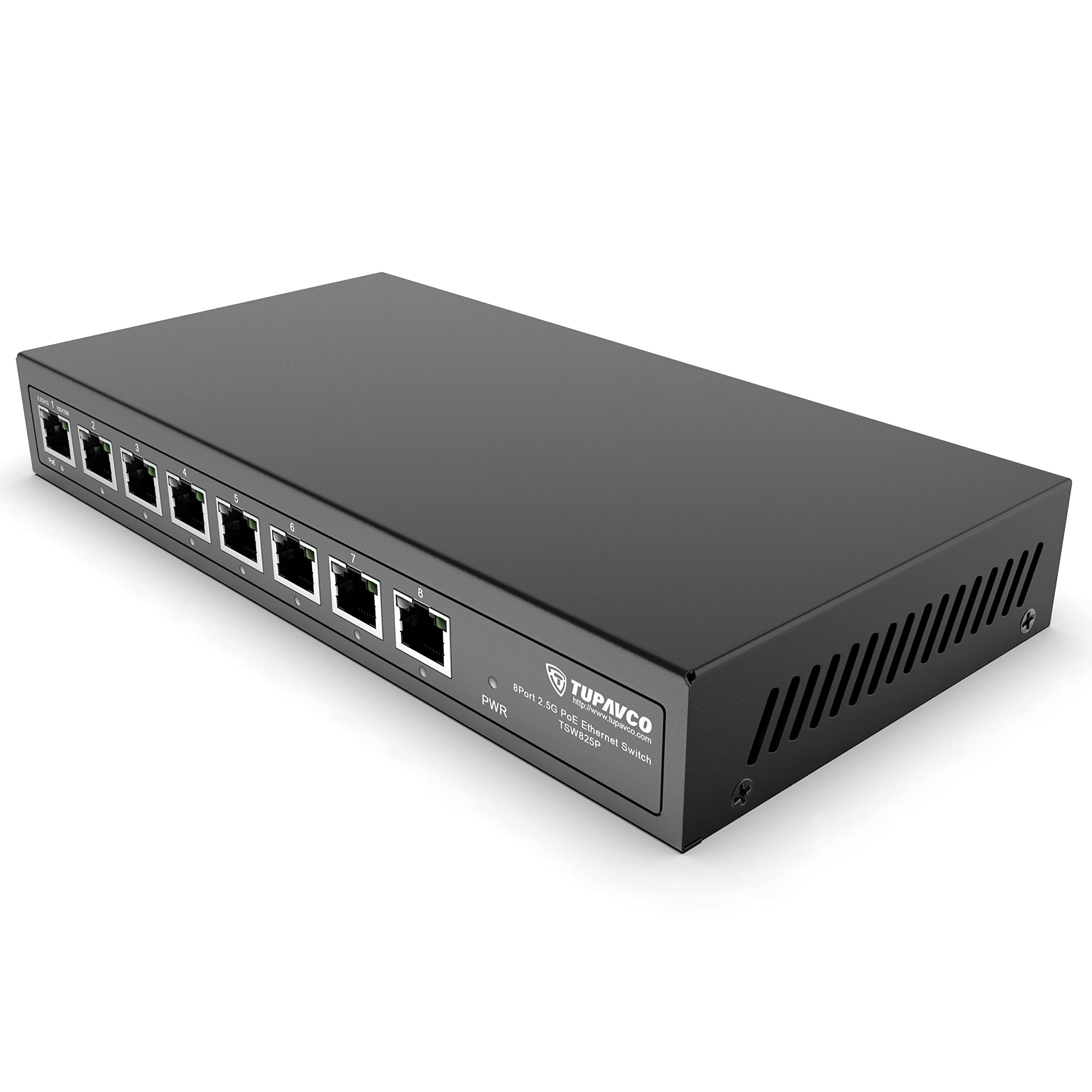 2.5GB Switch (8 Port) PoE++ for Ethernet Network - 1x90W (802.3bt) 7x30W (802.3at) Ports - High Speed 10M/100M/1G/2.5G Gigabit (802.3bz) - Unmanaged LAN Splitter - Tupavco TP1981