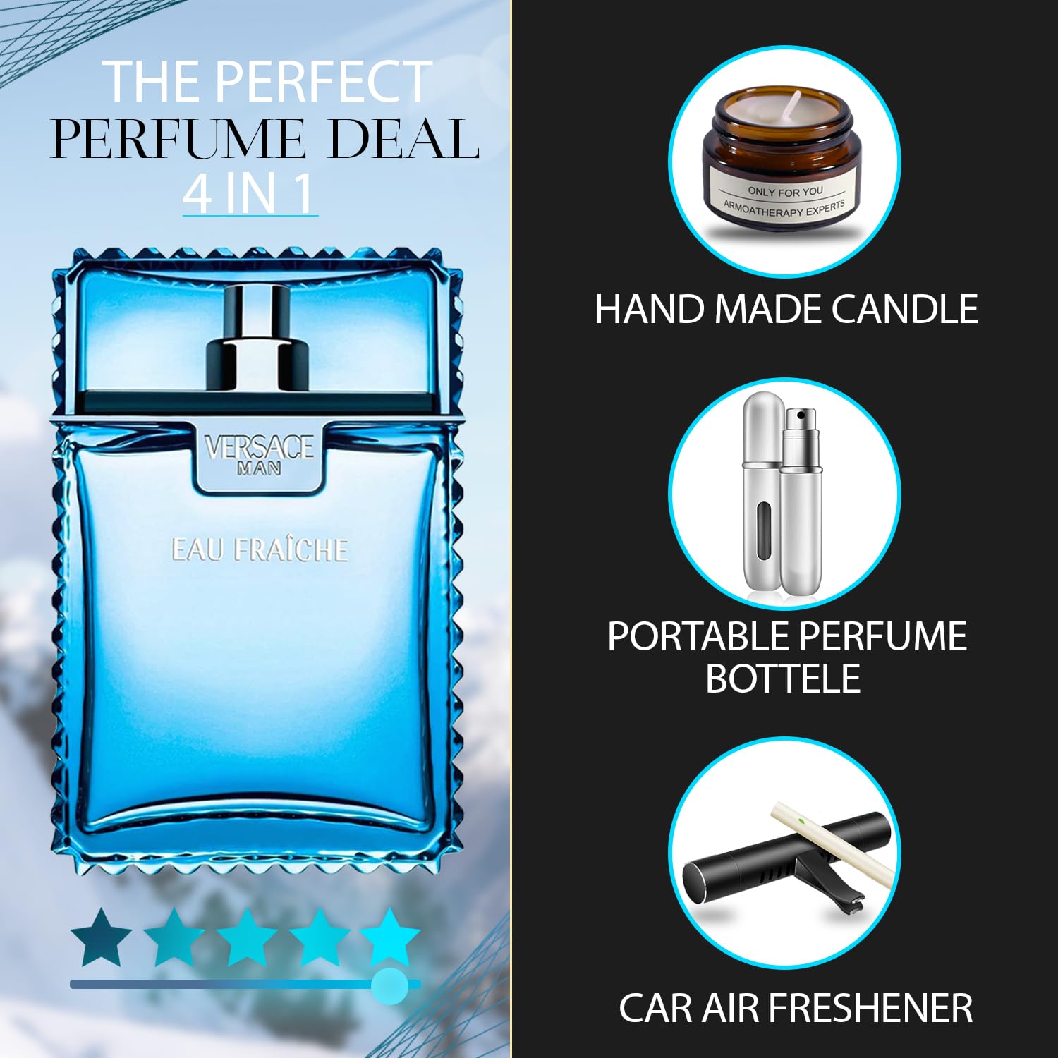 Eau Fraiche Cologne for Men 3.4 oz.EDT Spray - Gift Set Pack With Lavender Soy Candle, Car Air Fresheners, and Empty Travel Perfume Atomizer