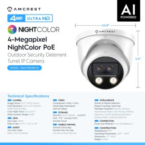 Amcrest Dual-Lens 4MP AI Outdoor Security Turret IP POE Camera @30fps, 0.0002lux@F1.0, 164ft Color Night Vision, Active Deterrents, People Counting, Two-Way Audio, Siren, IP4M-T1044EW-AI