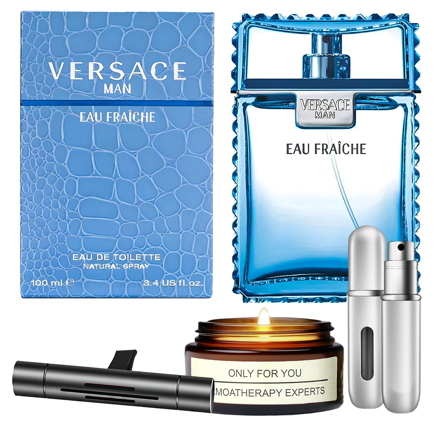 Eau Fraiche Cologne for Men 3.4 oz.EDT Spray - Gift Set Pack With Lavender Soy Candle, Car Air Fresheners, and Empty Travel Perfume Atomizer