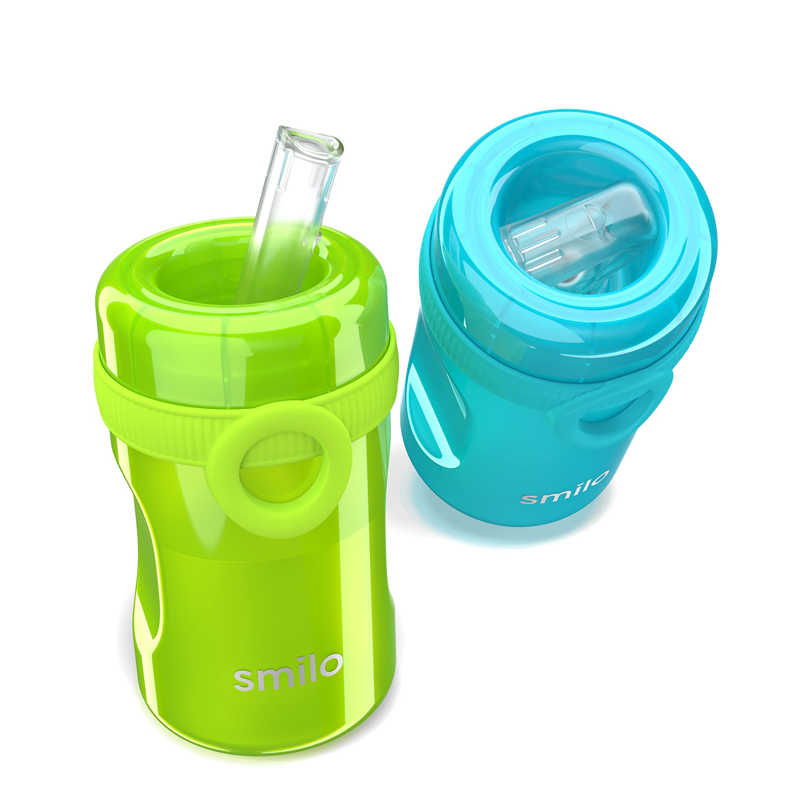 Smilo Sippy Cup 2 Pack for Toddlers (1+ years) with Spill Proof & Fold-Away Silicone Spout - 8.5 oz Capacity - BPA-Free Toddler Cups Made in the USA - Aqua & Green