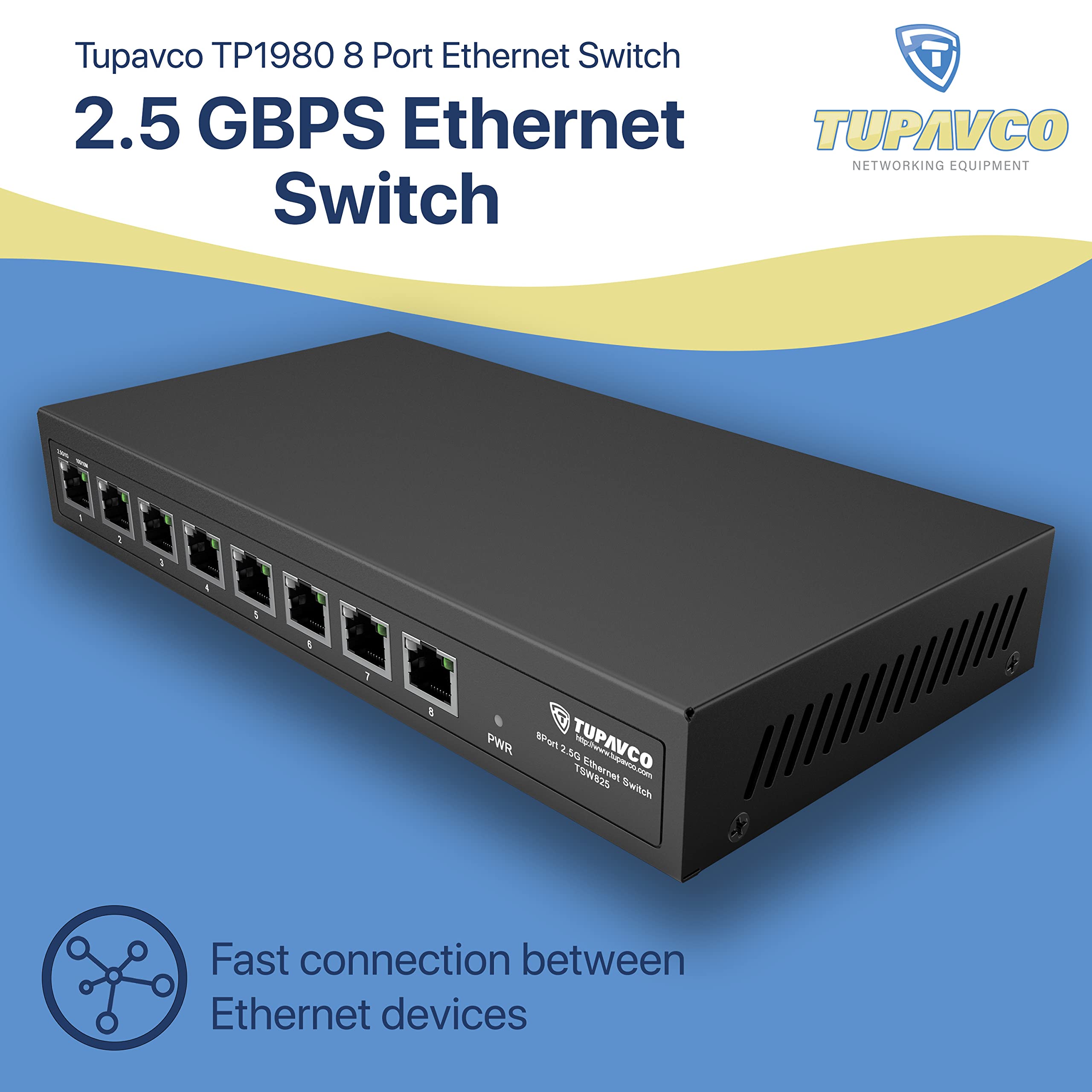 2.5GB Switch (8 Port) for Ethernet Network - High Speed 10M/100M/1G/2.5G Gigabit (802.3bz) - Unmanaged Plug & Play Fanless LAN Splitter - Metal Case - Wall Mountable - Tupavco TP1980