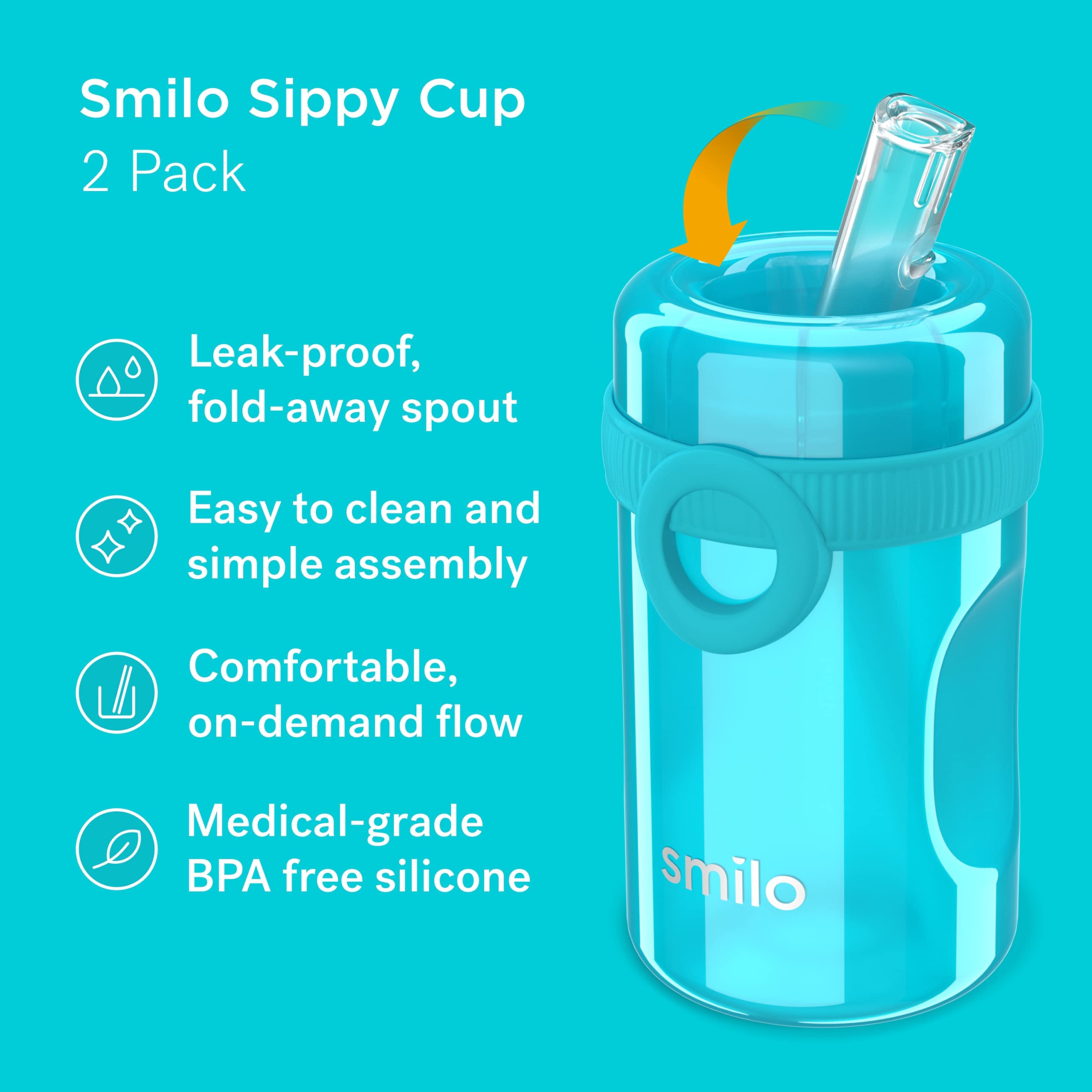 Smilo Sippy Cup 2 Pack for Toddlers (1+ years) with Spill Proof & Fold-Away Silicone Spout - 8.5 oz Capacity - BPA-Free Toddler Cups Made in the USA - Aqua & Green