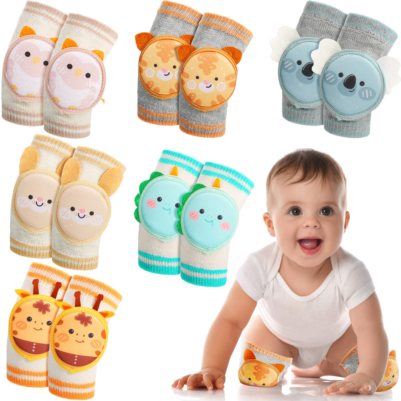 Preboun 6 Pairs Baby Knee Pads for Crawling Anti Slip Knee Protectors Breathable for Boys Girls, 0-3 Years Old(Vivid Style)