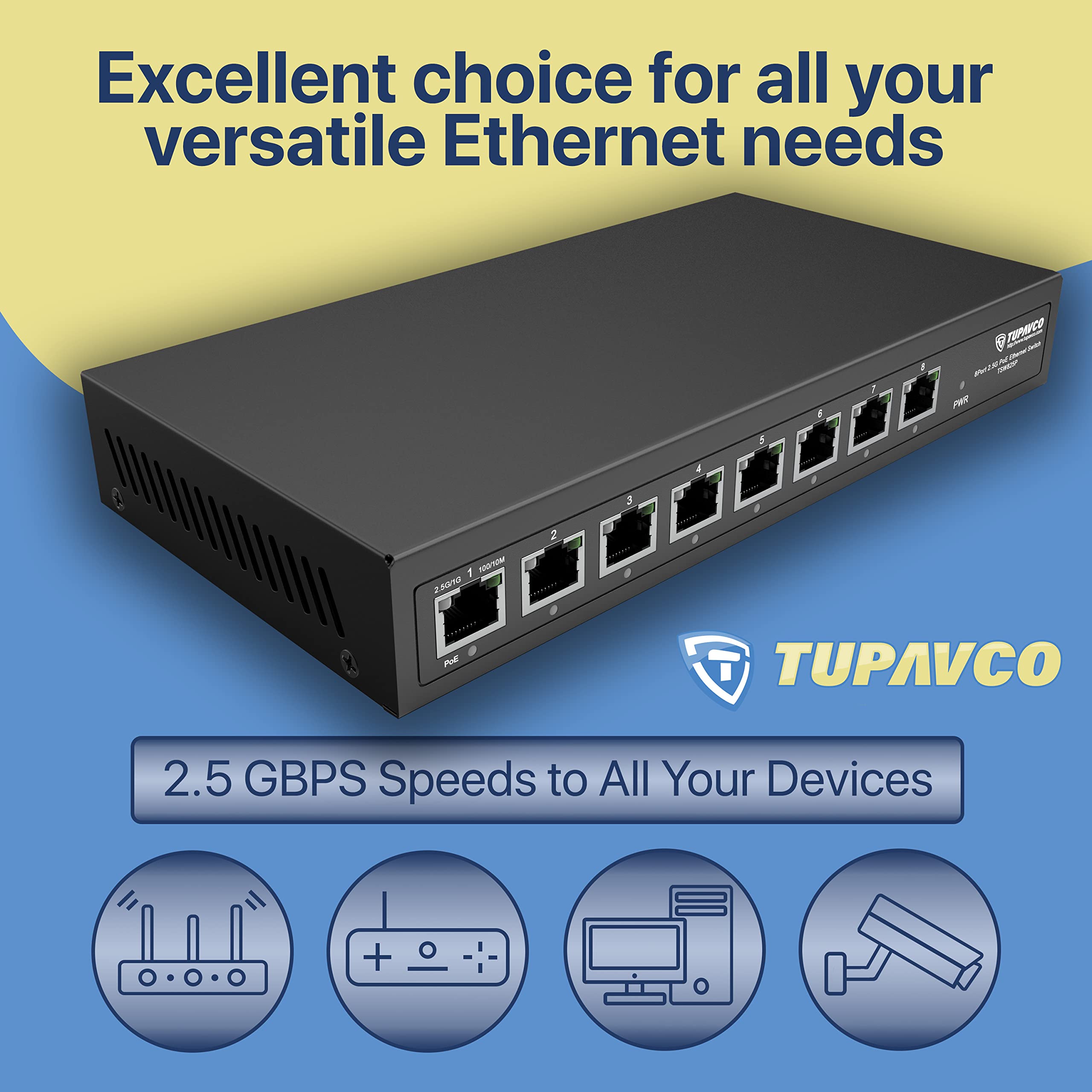 2.5GB Switch (8 Port) PoE++ for Ethernet Network - 1x90W (802.3bt) 7x30W (802.3at) Ports - High Speed 10M/100M/1G/2.5G Gigabit (802.3bz) - Unmanaged LAN Splitter - Tupavco TP1981