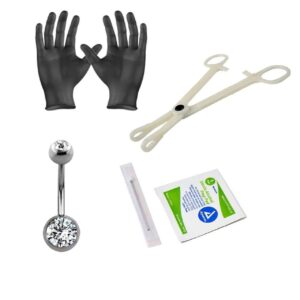 satix belly piercing kit - 14g titanium belly button ring 7/16" 8mm and 5mm gem ball navel ring with navel piercing needle, a-lcoholpad, gloves, forceps clamp tool kit for women men