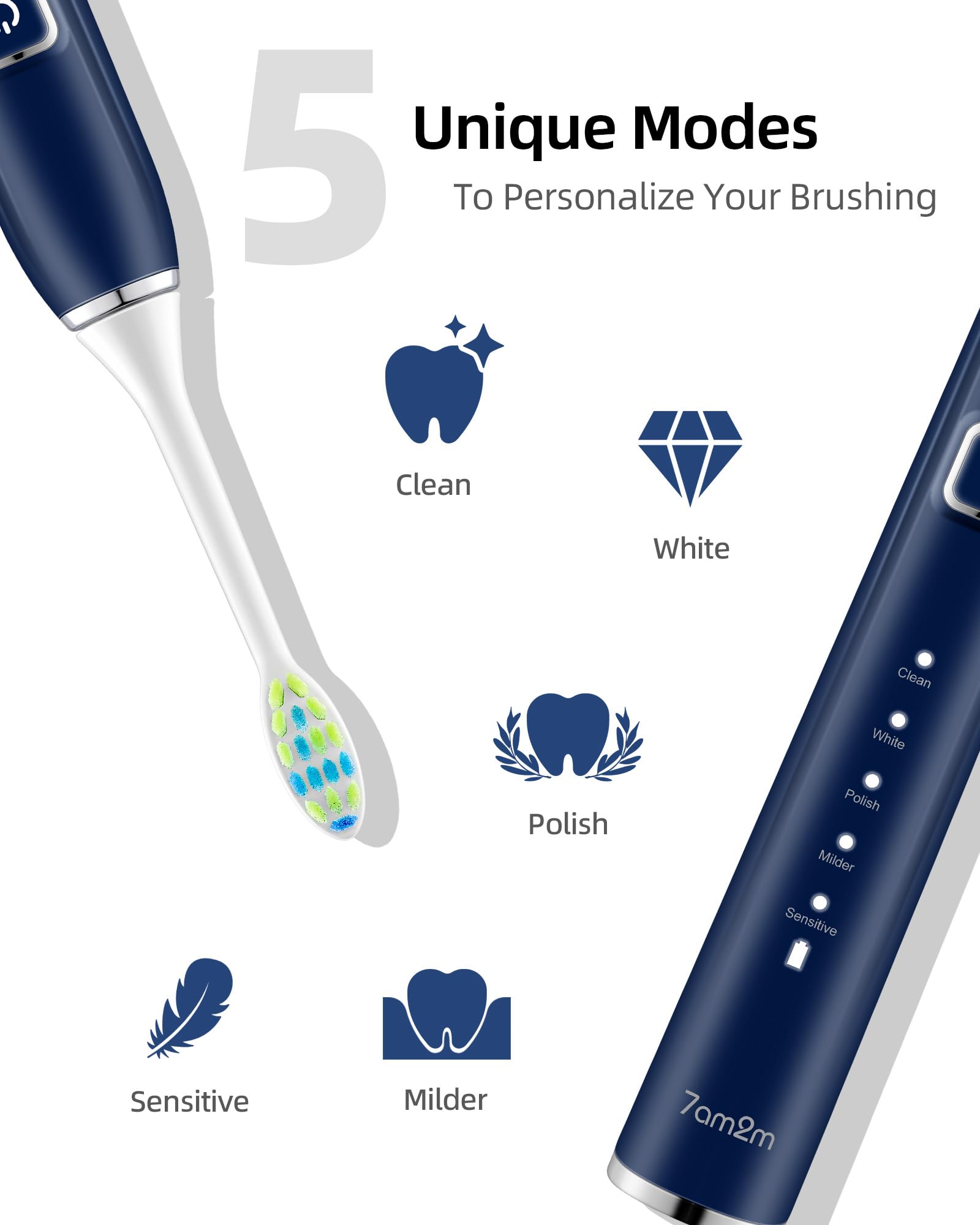 7AM2M Rechargeable Sonic Electric Toothbrush AM100 Package with 10 Brush Heads