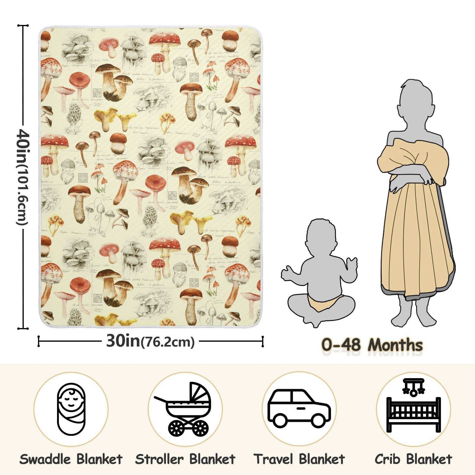 Mazeann Vintage Mushrooms Baby Blankets Soft Warm Crib Stroller Blanket for Toddler Newborn Girls Boys, 30x40in