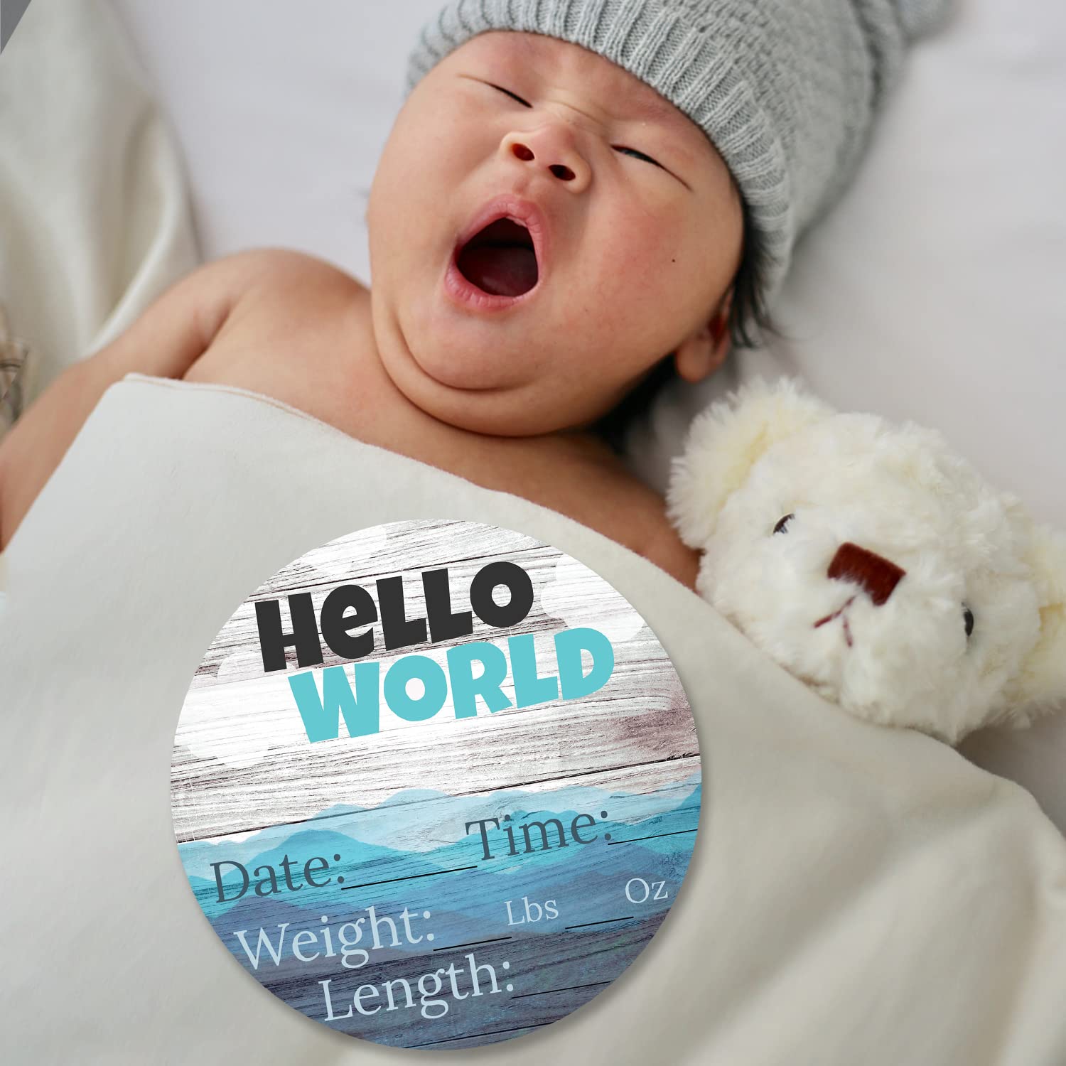 Hello World Newborn Baby Announcement Sign Shower Gift Baby Birth Stats Hospital Photo Props Gender Reveal Girl Boy Neutral Nursery Wall Decor Gifts Baby Book Keepsake (Mountains)