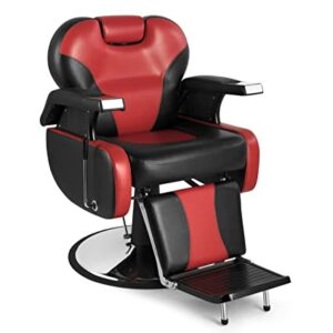 Salonsunny Black & Red Styling Salon Spa Reclining Chair All Purpose Barbering Chair Professional Vintage Heavy Duty Equipment