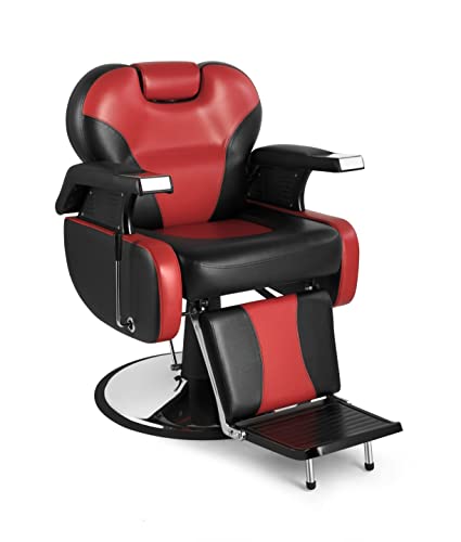 Salonsunny Black & Red Styling Salon Spa Reclining Chair All Purpose Barbering Chair Professional Vintage Heavy Duty Equipment