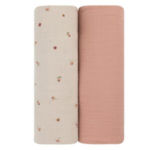 ely's & co. muslin swaddle blanket 2-pack — 100% cotton muslin extra-large swaddle blankets (47” x 47”) solid + printed (pink garden flower)