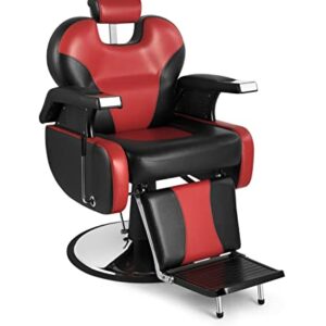 Salonsunny Black & Red Styling Salon Spa Reclining Chair All Purpose Barbering Chair Professional Vintage Heavy Duty Equipment