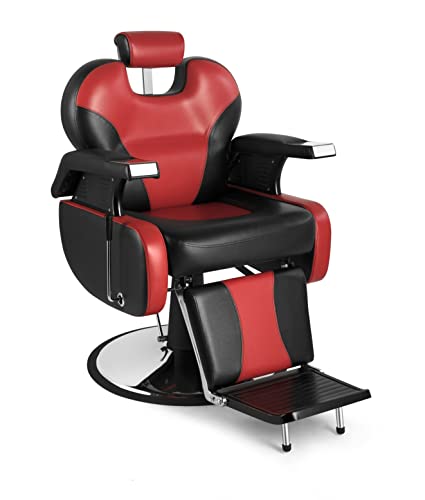 Salonsunny Black & Red Styling Salon Spa Reclining Chair All Purpose Barbering Chair Professional Vintage Heavy Duty Equipment