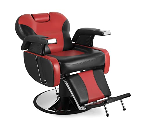 Salonsunny Black & Red Styling Salon Spa Reclining Chair All Purpose Barbering Chair Professional Vintage Heavy Duty Equipment