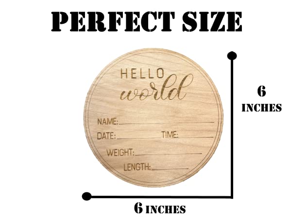 2OWLS Baby Birth Announcement Disc, Baby Birth Stat Plaque, Size 6" X 6", "Hello World" Newborn Sign. Baby Photography Prop and Keepsake. A Wooden Boho Baby Nursery.