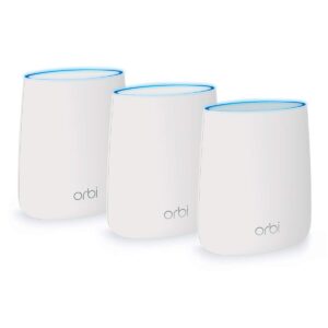 netgear orbi tri-band whole home mesh wifi system with 2.2gbps speed (rbk23) router & extender replacement covers up to 6,000 sq. ft., 3-pack includes 1 router & 2 satellites (renewed), white