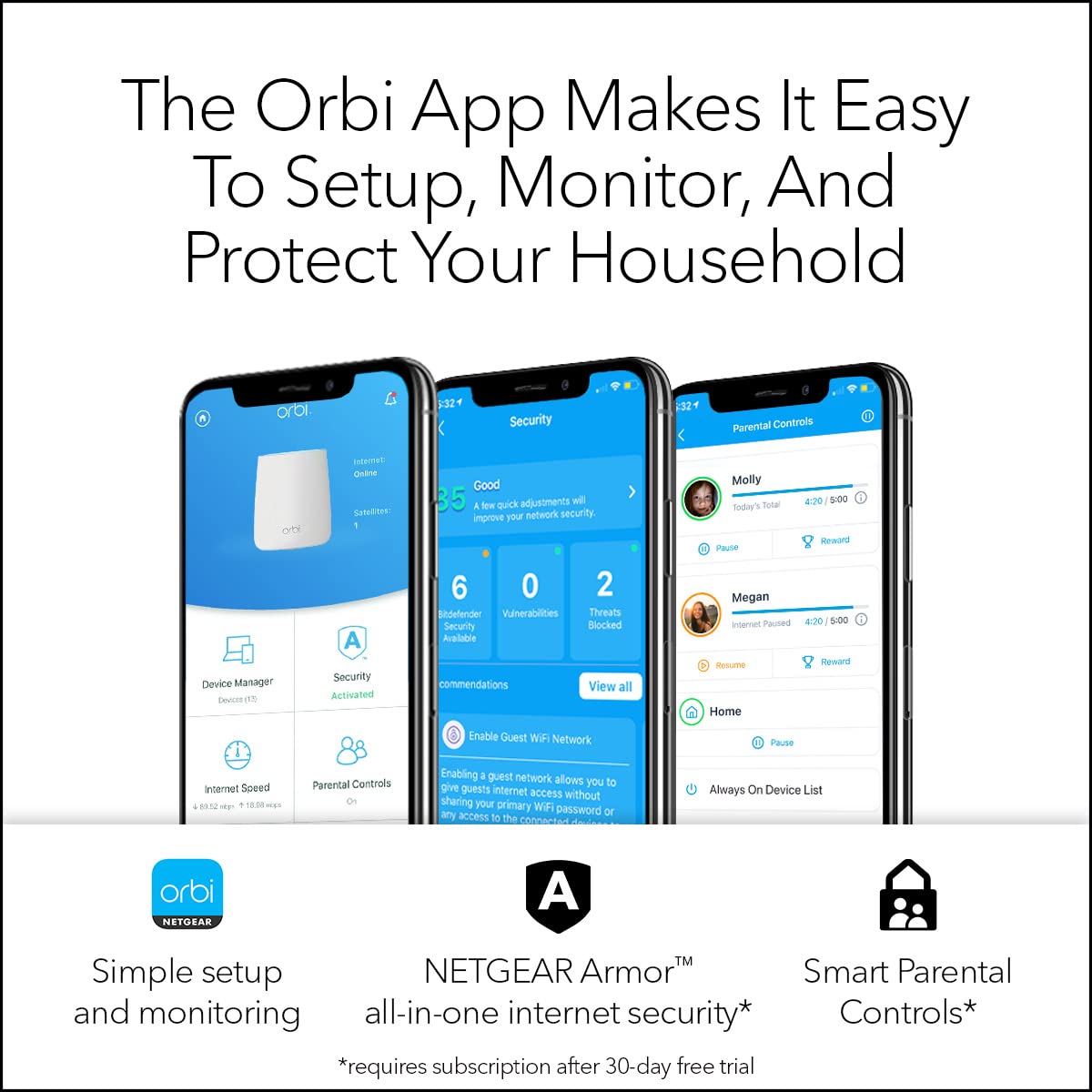 NETGEAR Orbi Tri-band Whole Home Mesh WiFi System with 2.2Gbps speed (RBK23) Router & Extender replacement covers up to 6,000 sq. ft., 3-pack includes 1 router & 2 satellites (Renewed), White